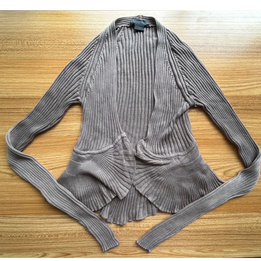 Armani Exchange Silk Cotton Ribbed Peplum Open Front Cardigan Taupe Small